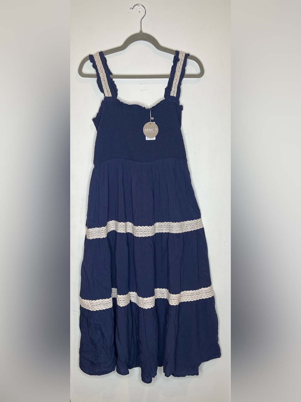APRICOT Navy Blue Sundress with Cream Lace Trim